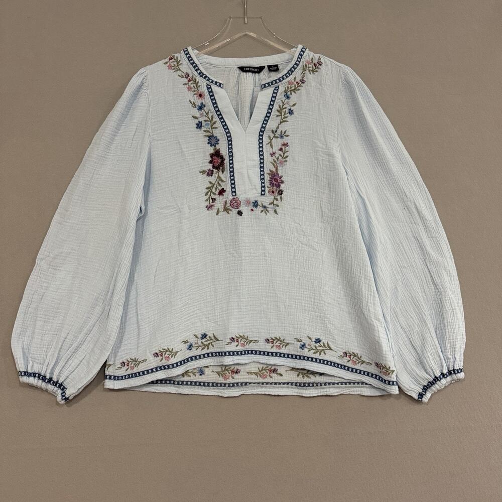 Driftwood Embroidered Peasant Top Large Blue Floral Cotton Gauze Boho